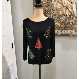 Sweaterworks Sweater Womens Large Black Beaded Sequin Ugly Christmas Trees
